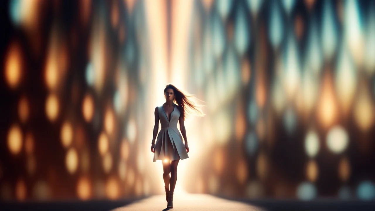 A full-body shot of a beautiful lady walking and looking at the camera 3D fractal interstellar world. The image uses a blurred bokeh effect, folded paper aesthetic, geometric precision, sharp subjec