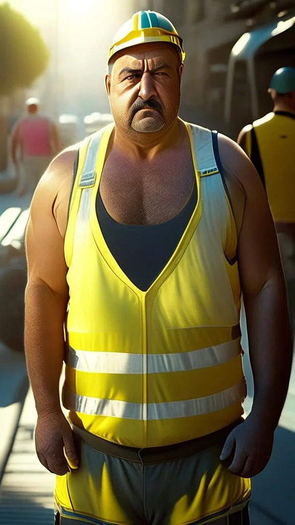 full figure shot photography of two turkish dirty burly construction workers chubby sweat 55 years old in tank top, safety vest, manly chest ,in queue on a sidewalk,, photorealistic, sunlight, summer, ambient occlusion