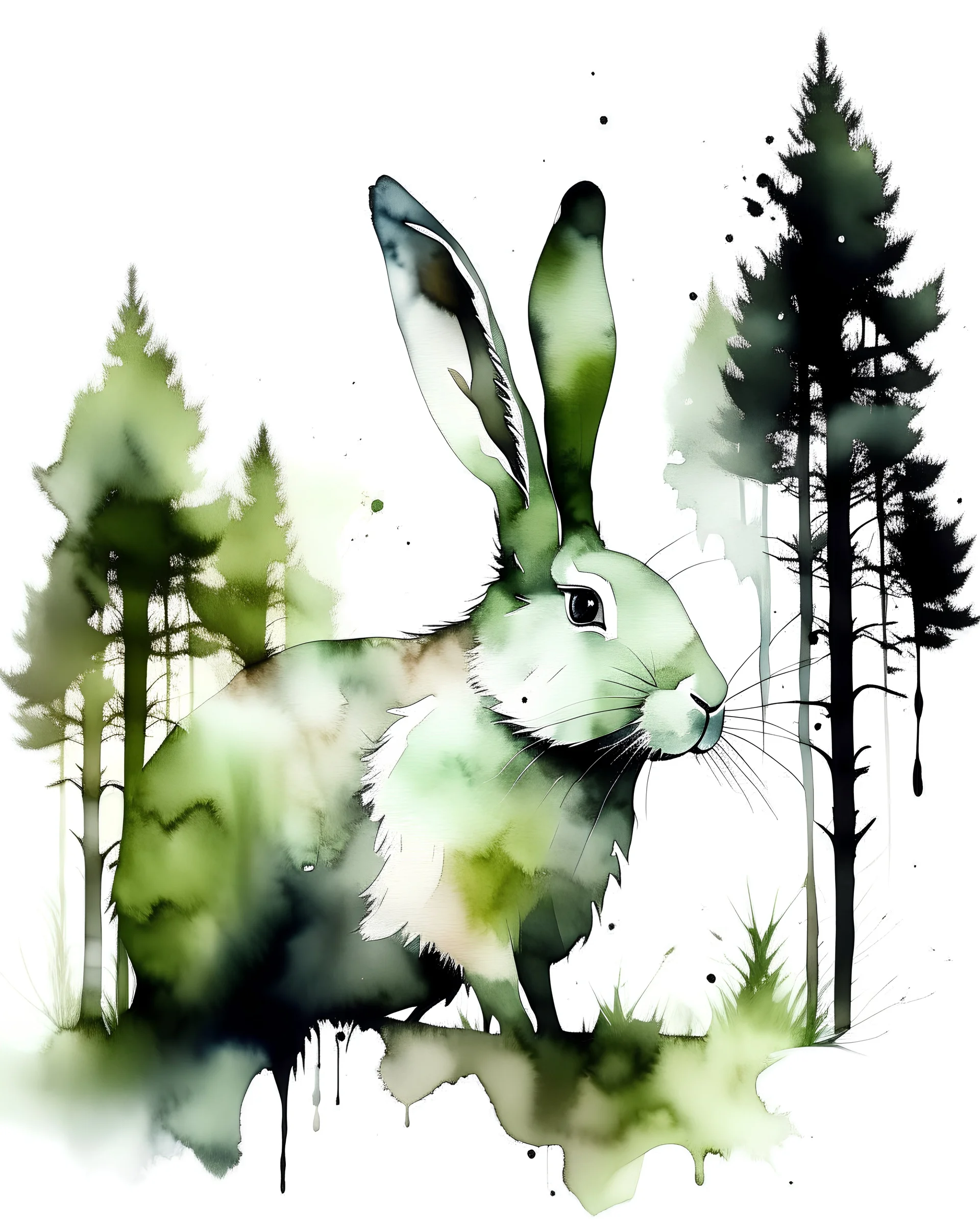 Watercolour effect, rabbit, forest abstract,roschCh ink blot test, white background, muted colour's.no black outline, no black colour only white more watercolour blobs, no black outline, other colours