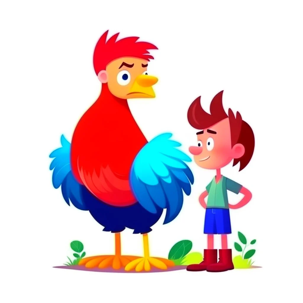 Ilustración estilo cartoon de un niño con un gallo gigante calidad ultra