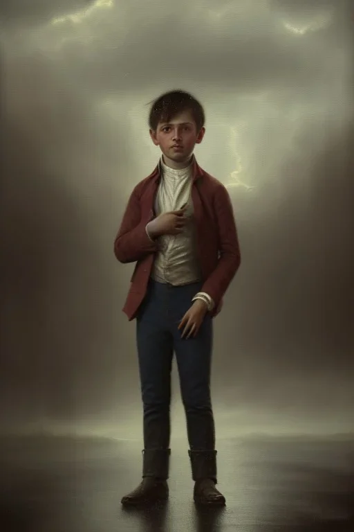 photorealistic painting of boy in 1820, standing on a street corner, dimly lit, dark clouds, rain, lightning