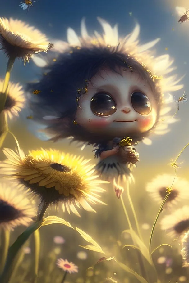 a tiny, very cute chibi fairy clinging to the seed of a dandelion flies over a field of flowers in sunshine Nikon D850 highly detailed digital painting sharp focus elegant fantasy oil on canvas 4k very attractive beautiful wallpaper award winning fantastic view crisp quality Unreal Engine very cute pixar acrylic art