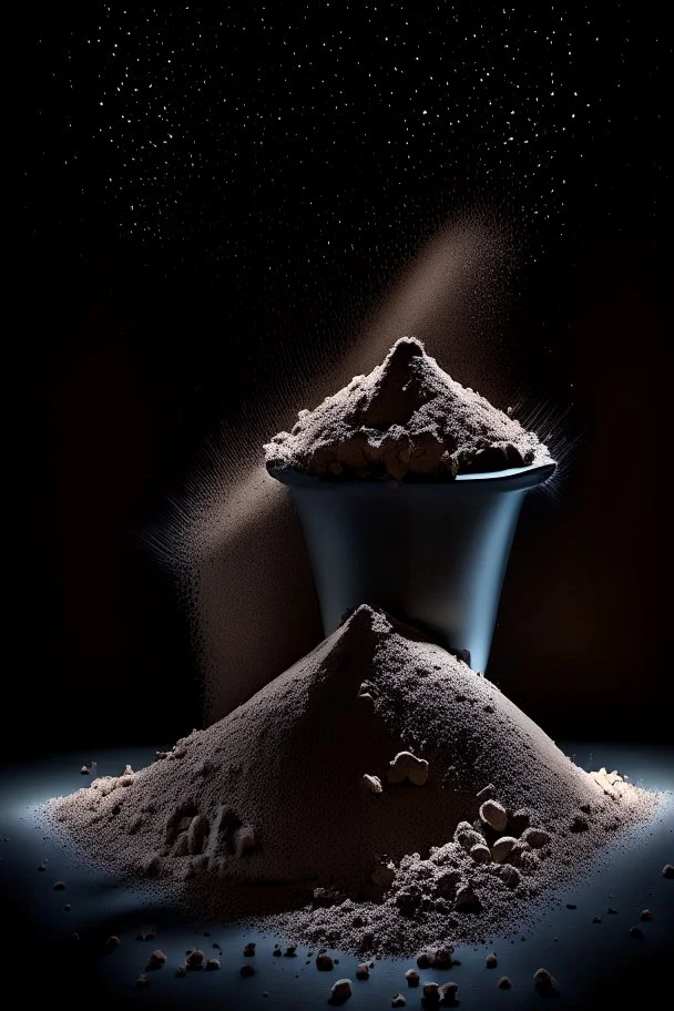 protein powder, scoop, piles, powder, modern, not fancy, view from the front, dark studio setting, black background