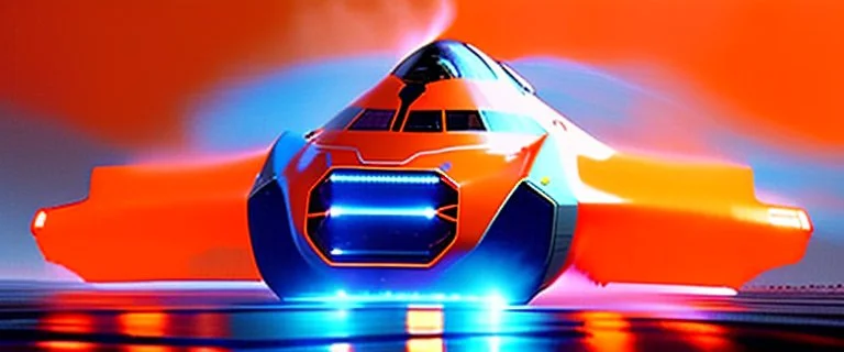 award winning car and driver photograph of a futuristic station wagon designed by only one vehicle per image painted metallic orange traveling at a high rate of speed, jet intake off of front center of vehicle and jet exhaust out the rear with bright blue flame, bilaterally symetrical, more a high speed road vehicle