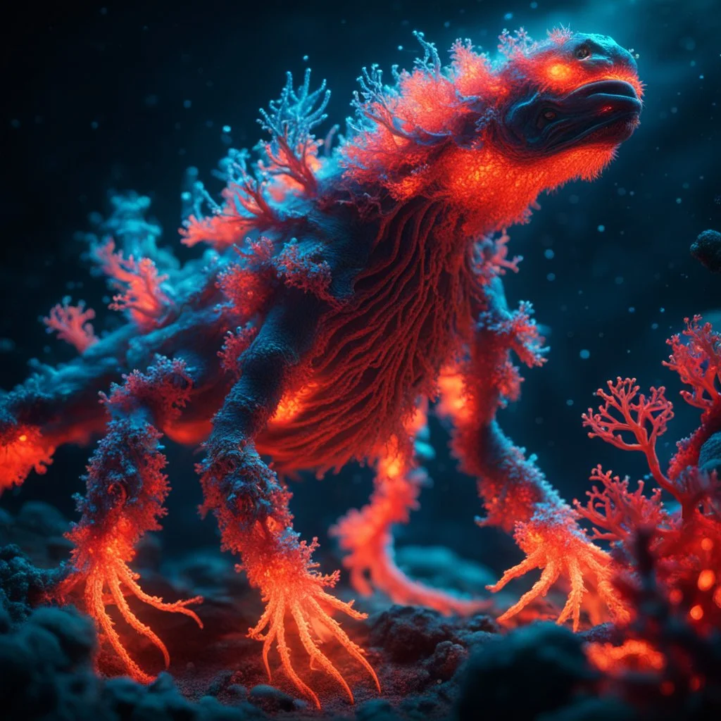 giant bioluminescent creature, covered with glowing coral, fire particles in air, bright colors, glowing sparkle particles, dark tone, sharp focus, high contrast, 8k, incredible depth, depth of field, dramatic lighting, beautifully intricate details, clean environment, epic dynamic scene, photorealistic cgi