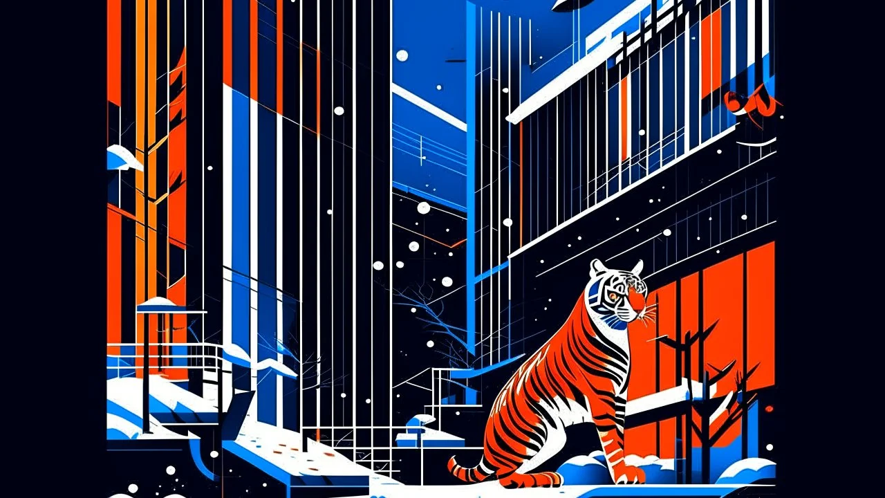 snowfall, rooftops, birds, a tiger, bauhaus functionalism, cyberpunk, neon accents, geometric shapes, clean lines, minimalism, balanced composition, modernist aesthetic, primary colors, bold contrasts, structured design, abstract forms, symmetrical layout, functional elegance, modular elements, precise details, illustration