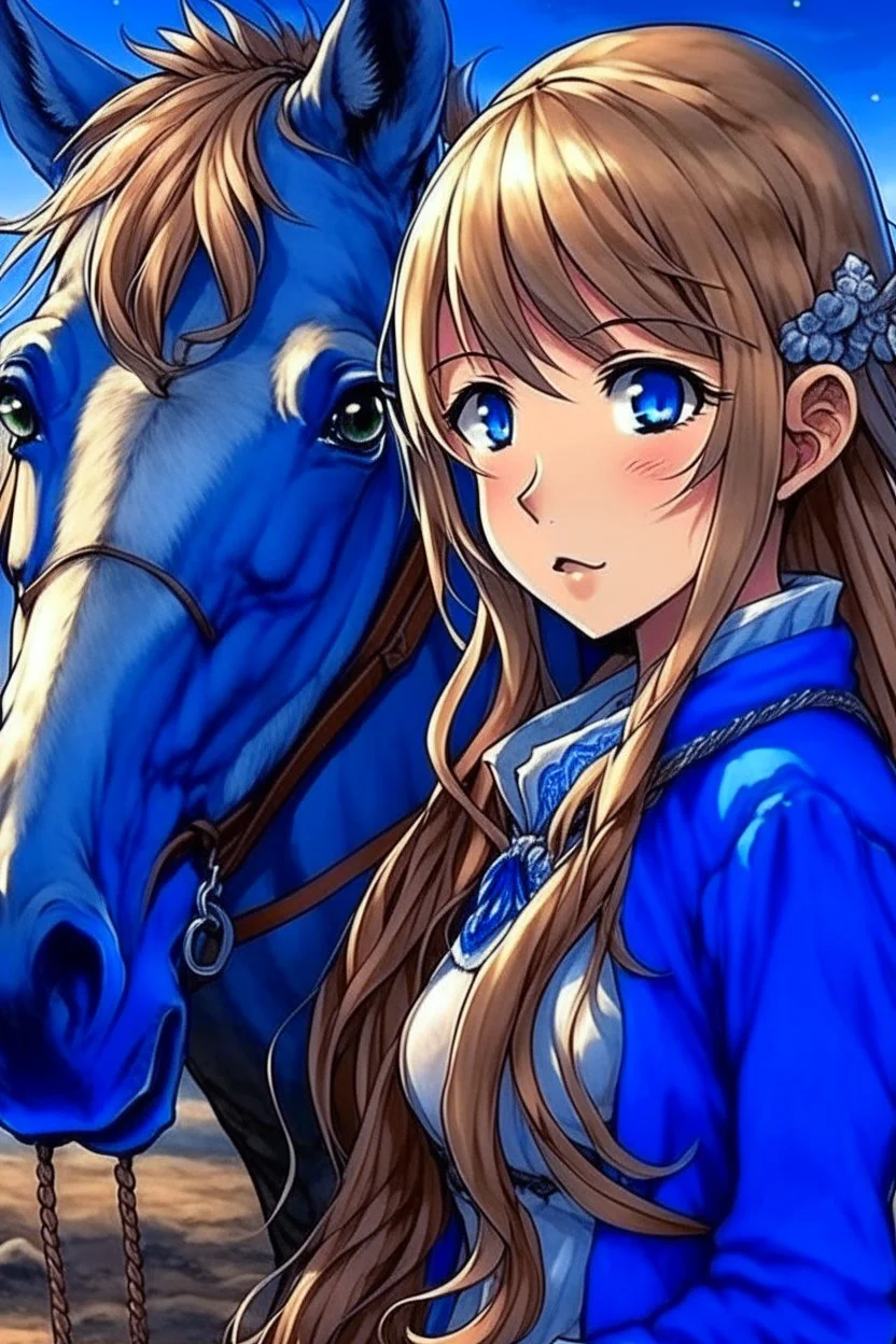 Anime woman with blue eyes with horse