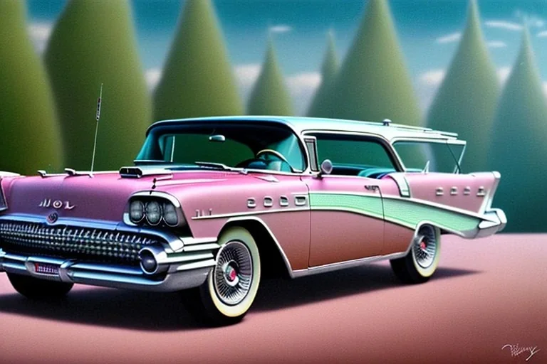 a true-to-life 1957 buick century caballero wagon, centered, intricate, extreme detailed, photorealism, center view, city background, pivot on buick, pen and color marker painting by cheryl kelley