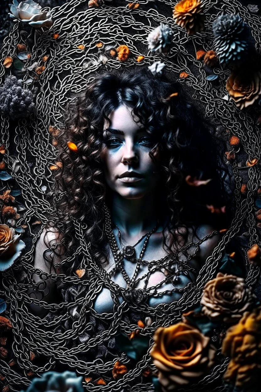 abstract creation of a beautiful girl with black curly hair, surrounded by black roses, thick metal chain broken, glass petals on the ground, autumn colours,dried out thorn bush, chaos,