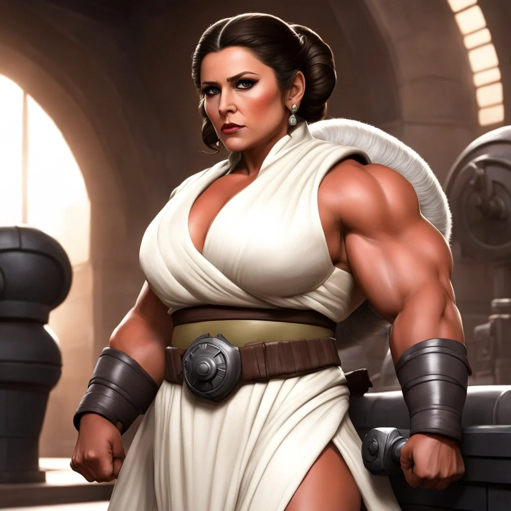 over muscular Princess Leia in her iconic Jabba's servant outfit with gigantic biceps with veins in the training room