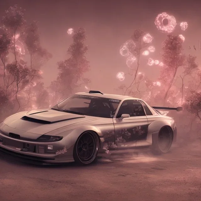 jdm car, dans un nuage de fleur, concept art, réaliste, synthwave