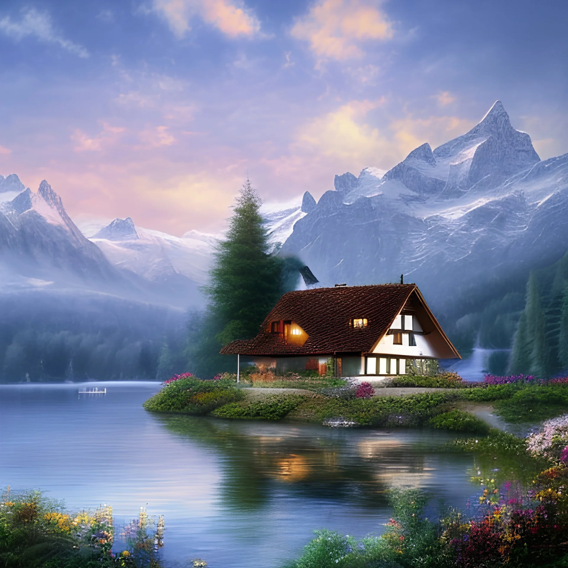 simple house in switzerland behind a lake,drawing