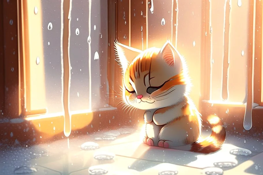 cute chibi thankful cat praying in an icy room in sunshine