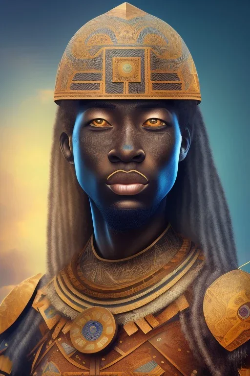 african head portrait, warrior costume, village, meditation, woods, galaxy sky, 8k quality