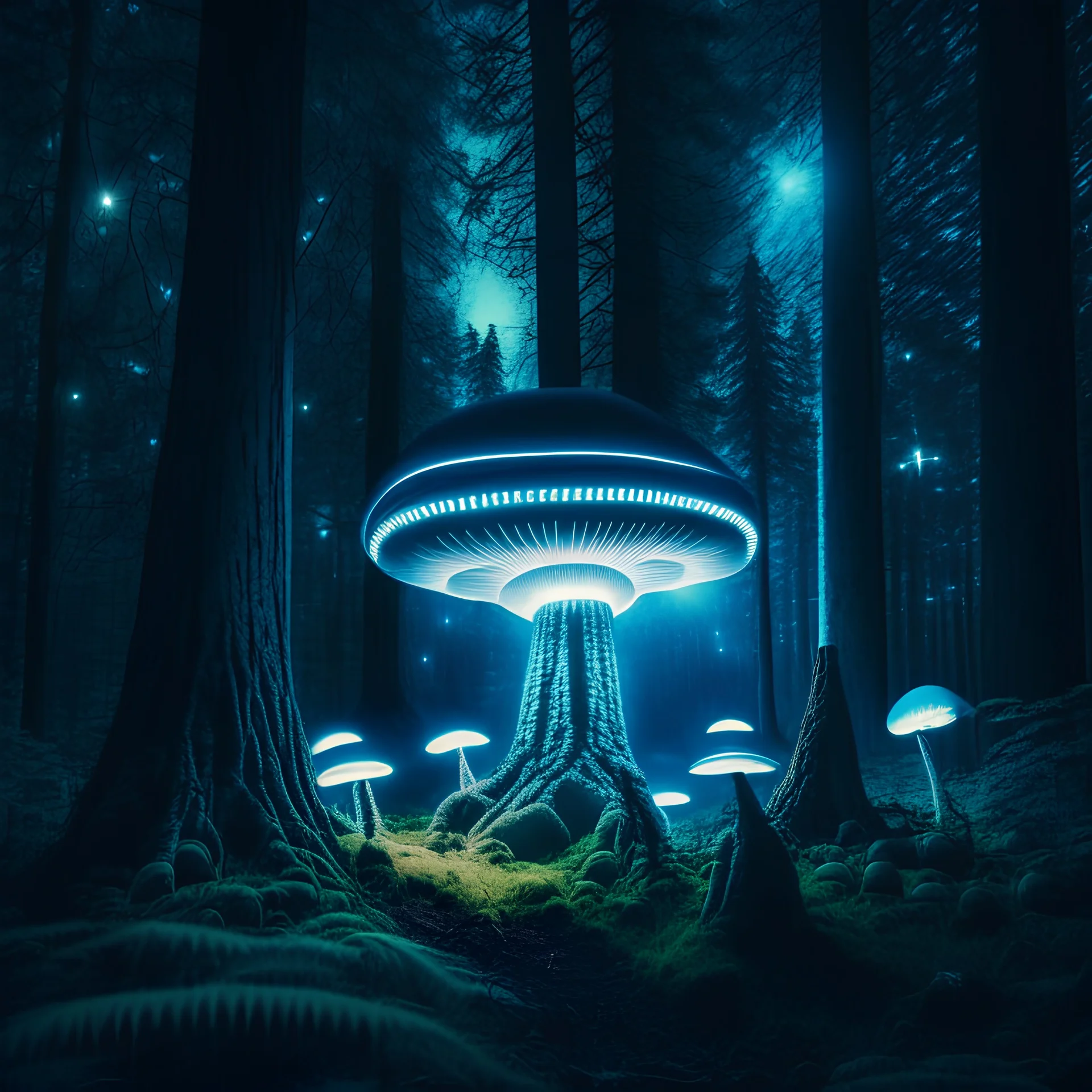 ovni abdujendo hongos luminiscentes de noche en el bosque