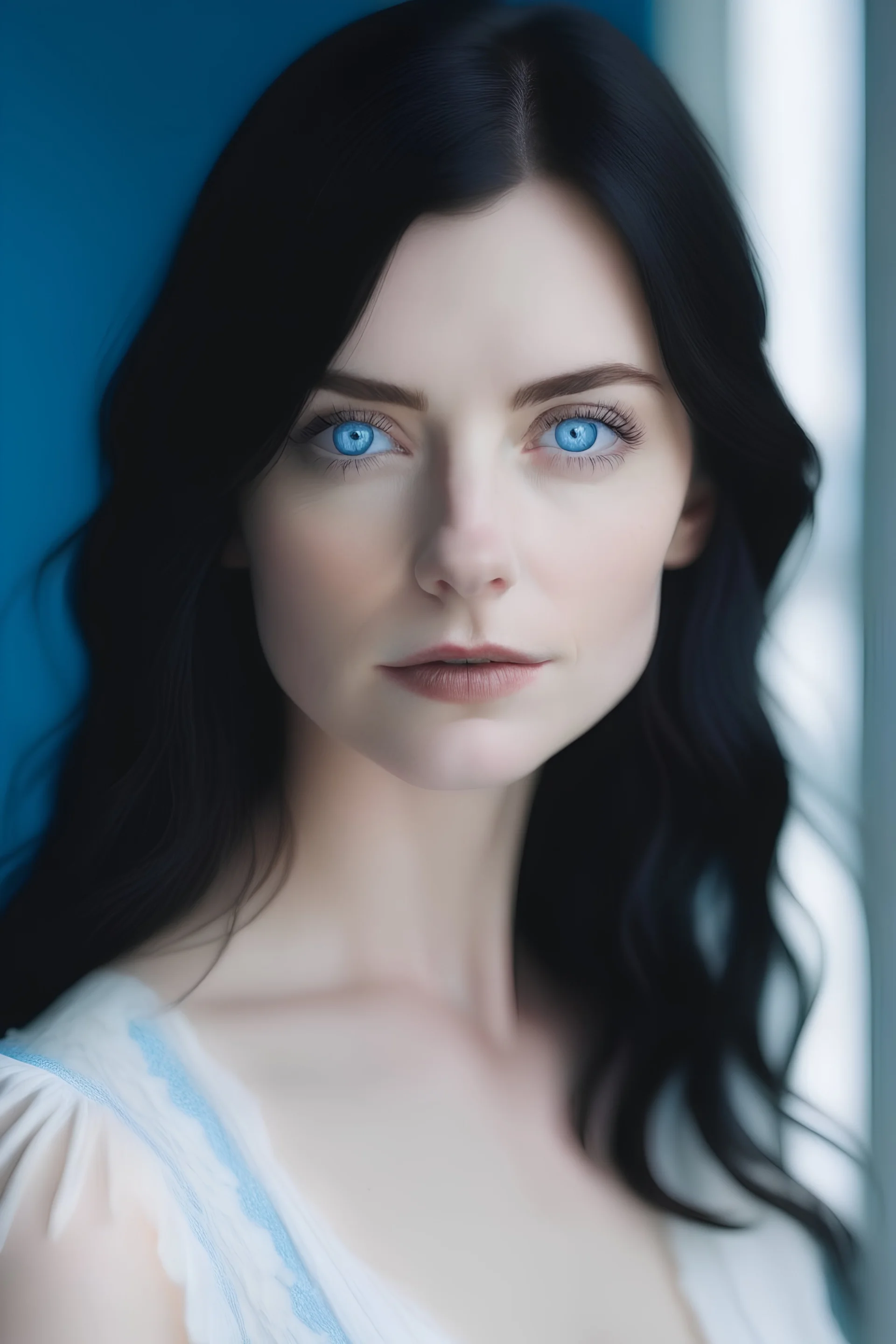 A picture of a woman with white dress, black hair and blue eyes