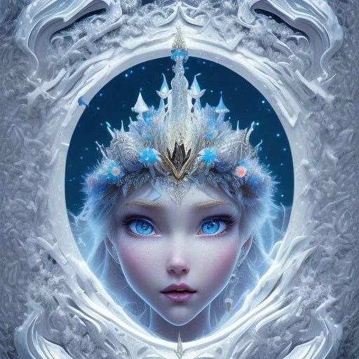 disney, epic white queen, icey blue, majestic, ominous, wildflowers background, intricate, masterpiece, expert, insanely detailed, 4k resolution, retroanime style, cute big circular reflective eyes, cinematic smooth, intricate detail , soft smooth lighting, soft pastel colors, painted Rena