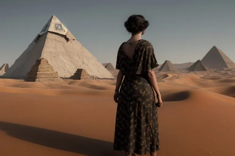 A 1922 woman looking at a black five-sided pyramid in the desert