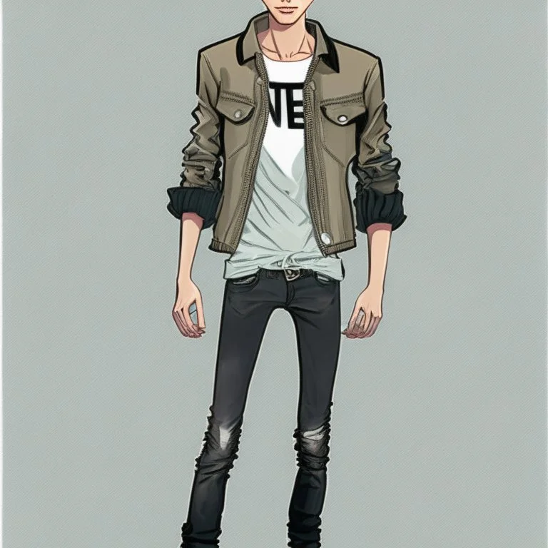 Teen man, black hair, black leather jacket, perfect face, style of tomer hanuka, jeans, pompadour. standing, full body
