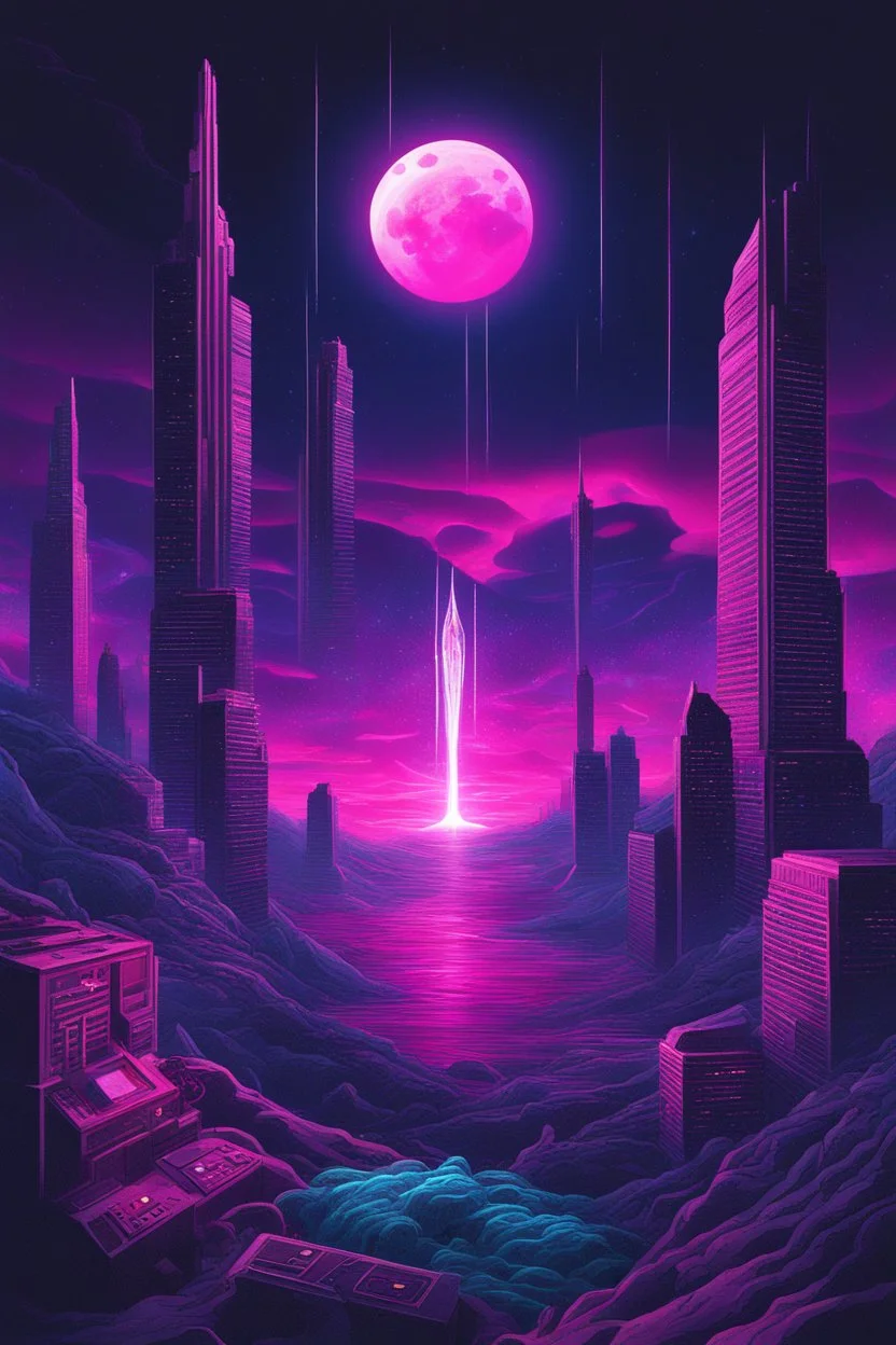 A surreal synthwave landscape featuring a towering cosmic entity with tentacles reaching towards a neon-lit city, under a sky filled with glitching stars, a distorted moon, and dark, swirling cosmic anomalies.