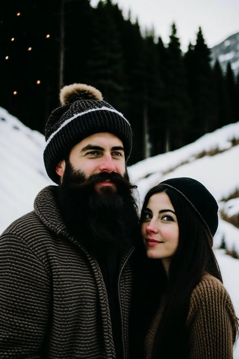 Mountain Christmas scene, dark haired couple, man with black beard