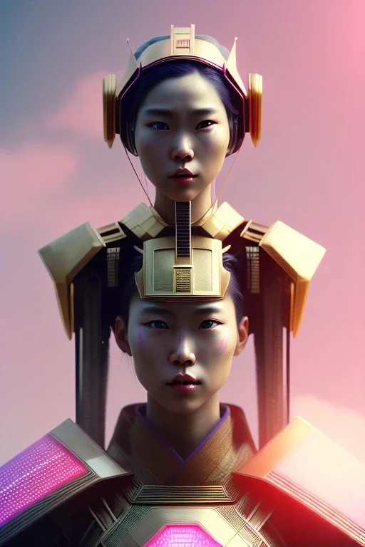 portrait, Asian cyborg woman, samurai warrior :: symmetry photography, cyberpunk style, pink hair, perfect eyes, samurai helmet, samurai army, katana, japanese traditional pattern, pink, white, black, glow eyes, cinematic, Ultra realistic, dark scene, soft color, highly detailed, unreal engine 5, RTX, ultra detail, 3d, finely drawn, high definition.