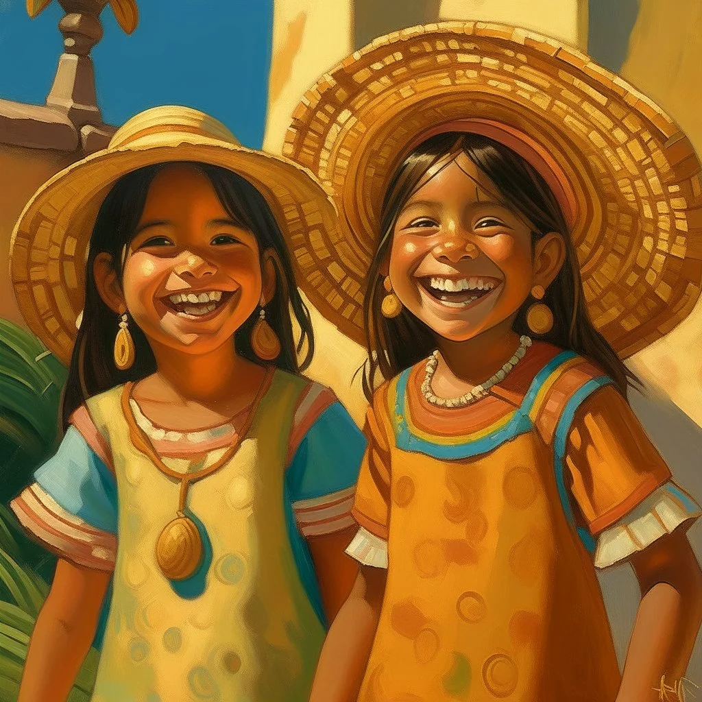 2 mexican childeren smiling painting neoclassism whole body zoom the sun