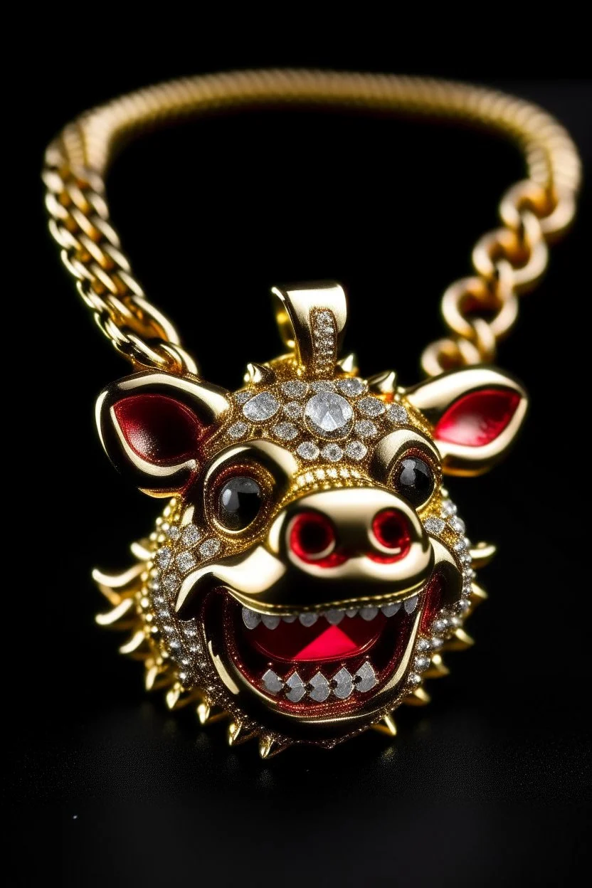 A gold chain with an iced out pumbaa sitting pendant, eyes should be rubies and fangs in gold