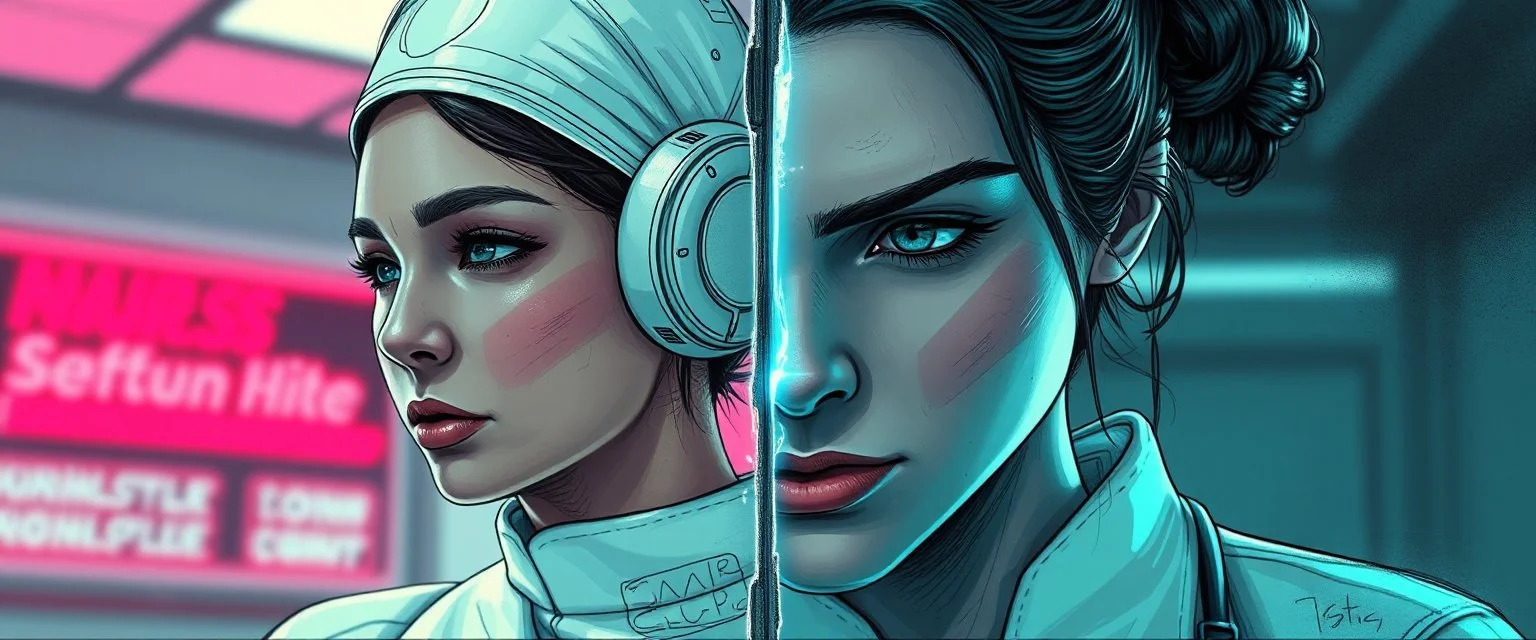 cyberpunk fallout 4, airbrush and pen outline, A cinematic, high-end advertisement image for a fictional service called “Splice Girl Nurses, Rebuilding Bone Structure™”. Split-screen composition with two contrasting emotional states.