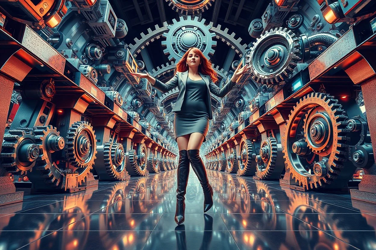 beautiful full body with long boots and modern dressed lady in surreal world made of recursive animating fractal random size modern geometrical structures ,metalic rotating gears, full body happy dancing to camera