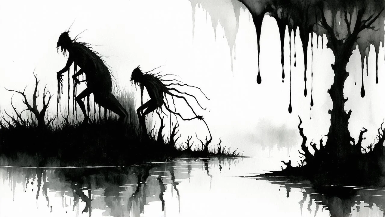 style of Stephen Gammell, watercolors, black and white, swamp, shadowy creatures, dripping, infected, evil, wooden tail