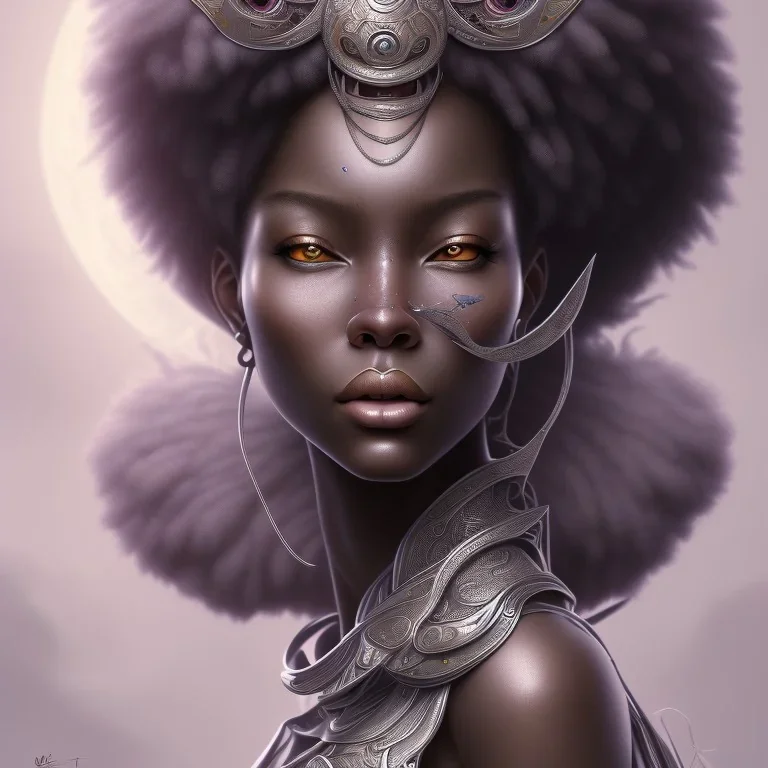 sango fantasy, fantasy magic, intricate, sharp focus, illustration, highly detailed, digital painting, concept art, matte, masterpiece head sexy view black African beauty black afro hair space lady silver snakeskin African princess dust storm