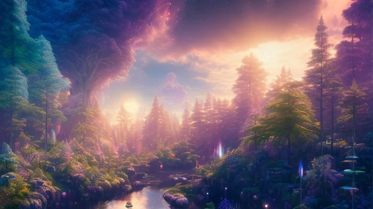 crystal cosmic and galactic ambiance hill sky waterfall sunset trees pools river surreal, full of details, smooth, bright sunshine，soft light atmosphere, light effect，vaporwave colorful, concept art, smooth, extremely sharp detail, finely tuned detail, ultra high definition, 8 k, unreal engine 5, ultra sharp focus