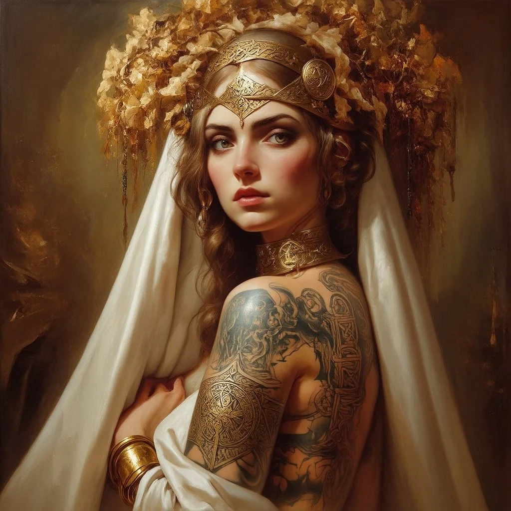 Oil painting in the style of Lawrence Alma Tadema and Michal Karcz and Enki Bilal. A beautiful Celtic priestess with tattoos of Celtic symbols on her upper body. She wears an open white sheer silk cape with gold symbols and a detailed headdress symbolizing the mysteries of ancient Avalon. A golden torque bracelet wraps around her upper arm. Very detailed, in the style of atmospheric tonalism. Elegant, intricate, 4k, mood lighting, perfectly lit, oil on canvas, contemporary impressionism, by Naot