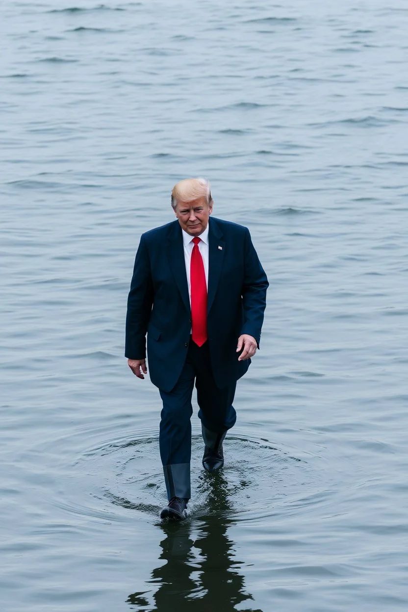 donald trump walking on the surface of water frontal view