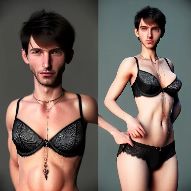 a short hair guy with a boyish face a beautiful cleavage in a lace neckline with a man's short haircut a thin waist and wide hips in bra and amulet of black magic