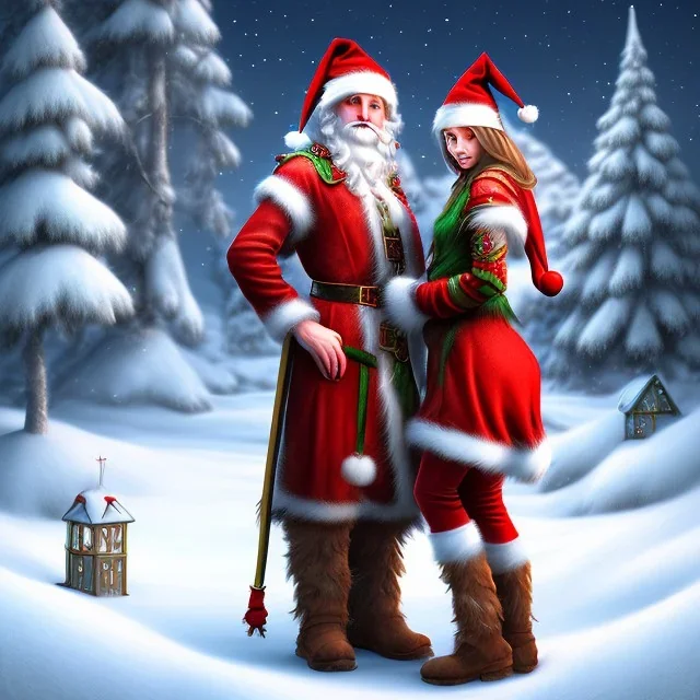 two elves. woman and man. Christmas scene. photorealistic. low-key