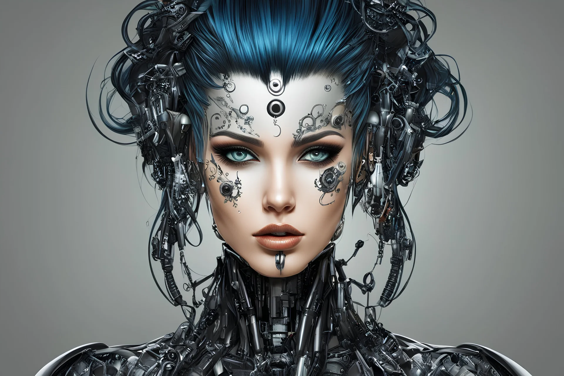 Create a wild, imaginative, full body, cyborg goth punk girl with highly detailed facial features, in the vector graphic style of Nirak1,Christopher Lee, and Cristiano Siqueira, vibrant colors, sharply defined 3d vector