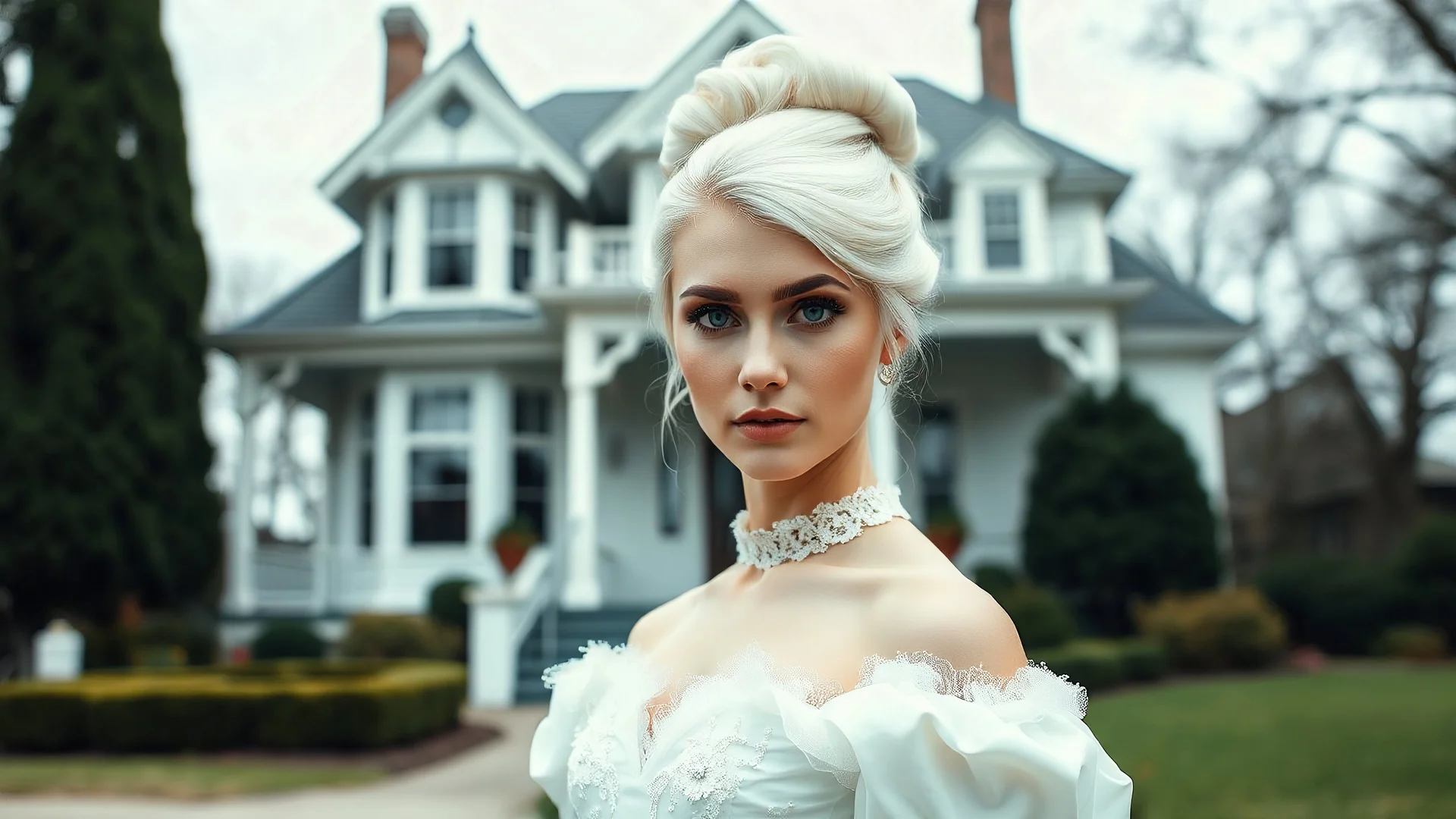 High resolution and sharp focus photo of an lovely and beautiful caucasian 19 year old woman. She has thick platinum hair worn in a chignon. She is dressed in a beautiful white victorian gown. She is standing in in front of a victorian house. She is looking at the viewer.