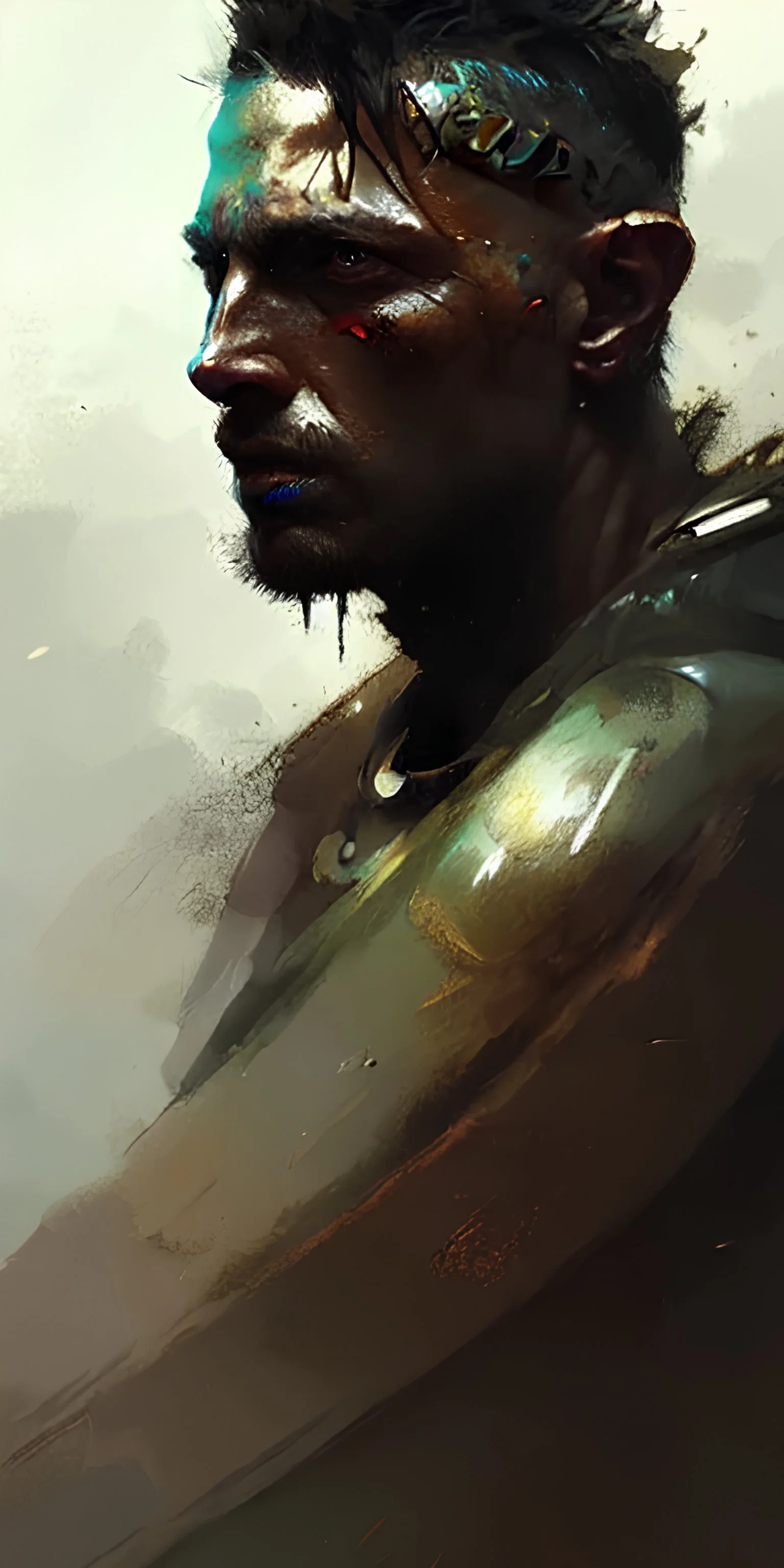 Retrato hiper realista de uma guerreira por Greg Rutkowski, cores profundas