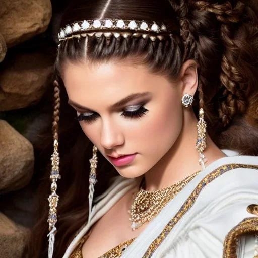 beautiful young queen with white armor, delicate white braided hair with ponytail, glass eyes, highly detailed, 8k, ambient light, taylor swift, face in full view