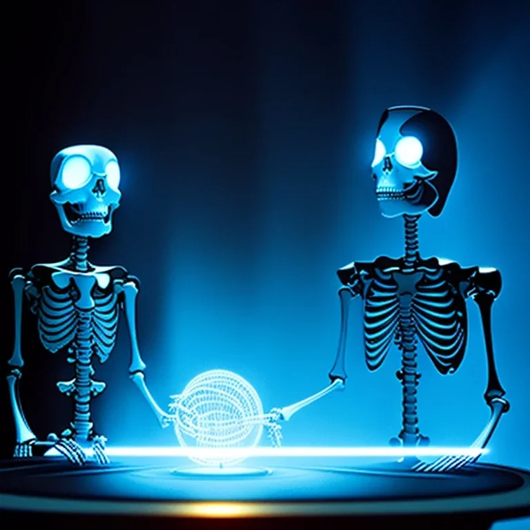 The Grim Reaper and the Skeleton in Tron world, discussing the future of the universe, art by Magritte and Pixar