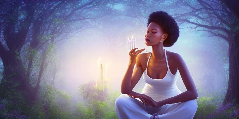 beautiful african woman sitting in a cirle surrounded by candles and crystal, meditating in a enchanted forest, fotorealistic, high quality, landscape