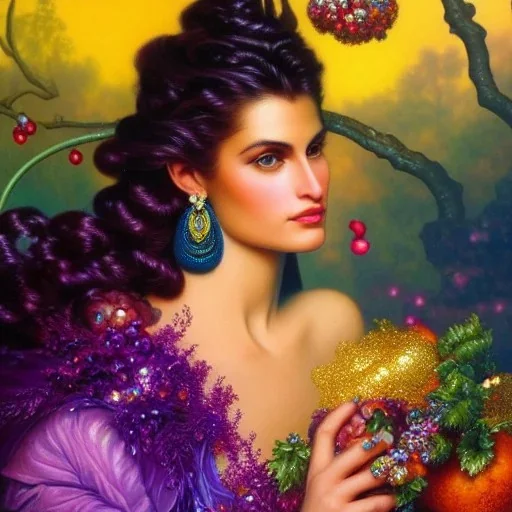 Hyperdetailed oil on canvas, gia carangi, detailed face, long hair, surrounded by luminous colorful sparkles, gypsy, grapes, blueberries, plums, sumac, purple by anne stokes, gaspar camps, maxfield parrish, alphonse mucha, cyril rolando, airbrush, depth of field, octane render, volumetric lighting; deep colors, symmetrical, cinematic, high coherence, golden ratio, rule of thirds, perfectly centered; anatomically correct faces, by james r. eads, ilon wikland art, vladyslav yerko