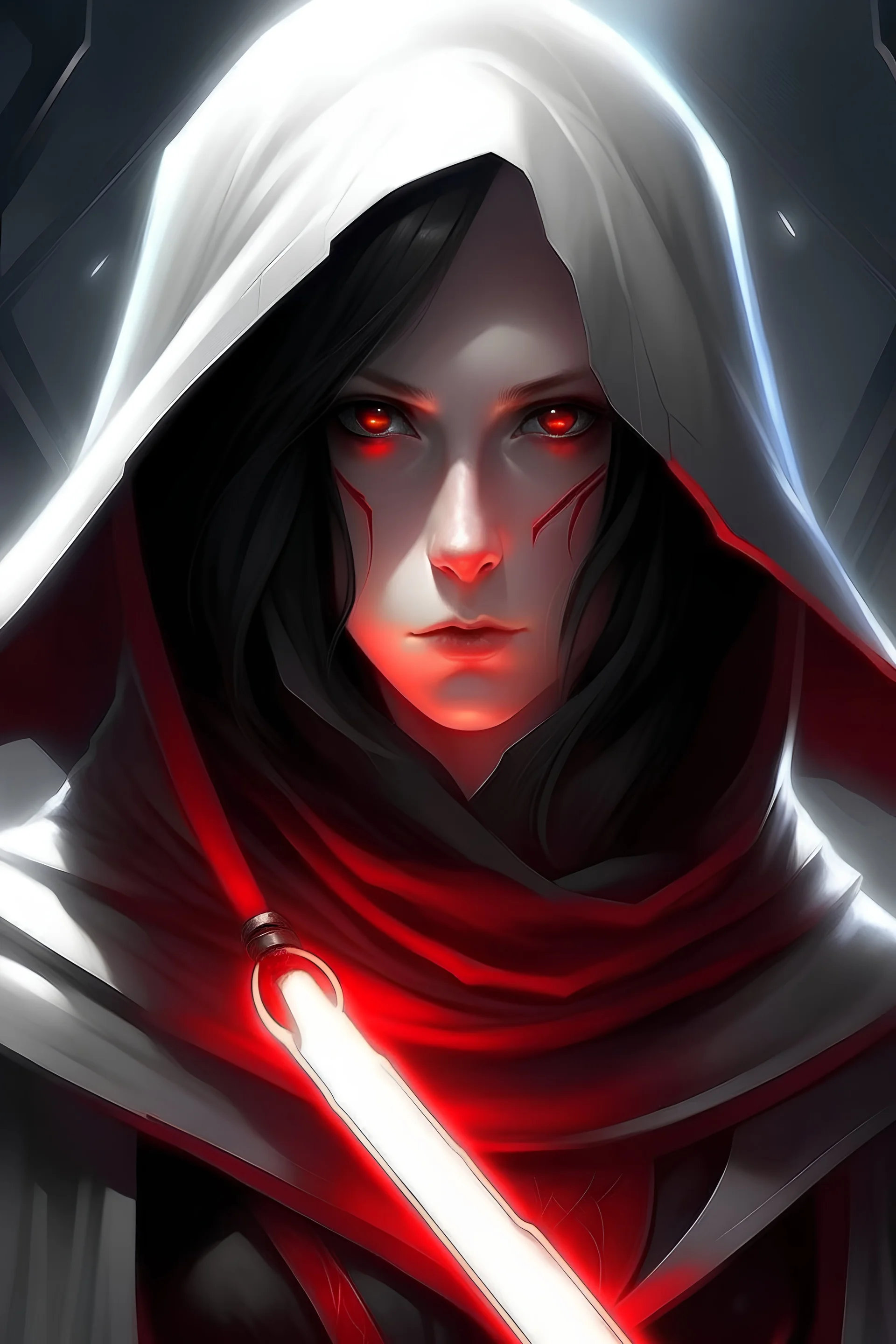 female, star wars them, sith, white mantle, white hood, red eyes, glowing eyes