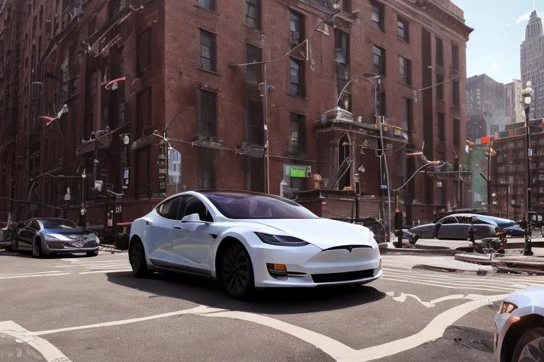 A Tesla 'Model Y' is parked, near the Flatiron Building in Manhattan. (CINEMATIC, WIDE ANGLE LENS, PHOTO REAL)