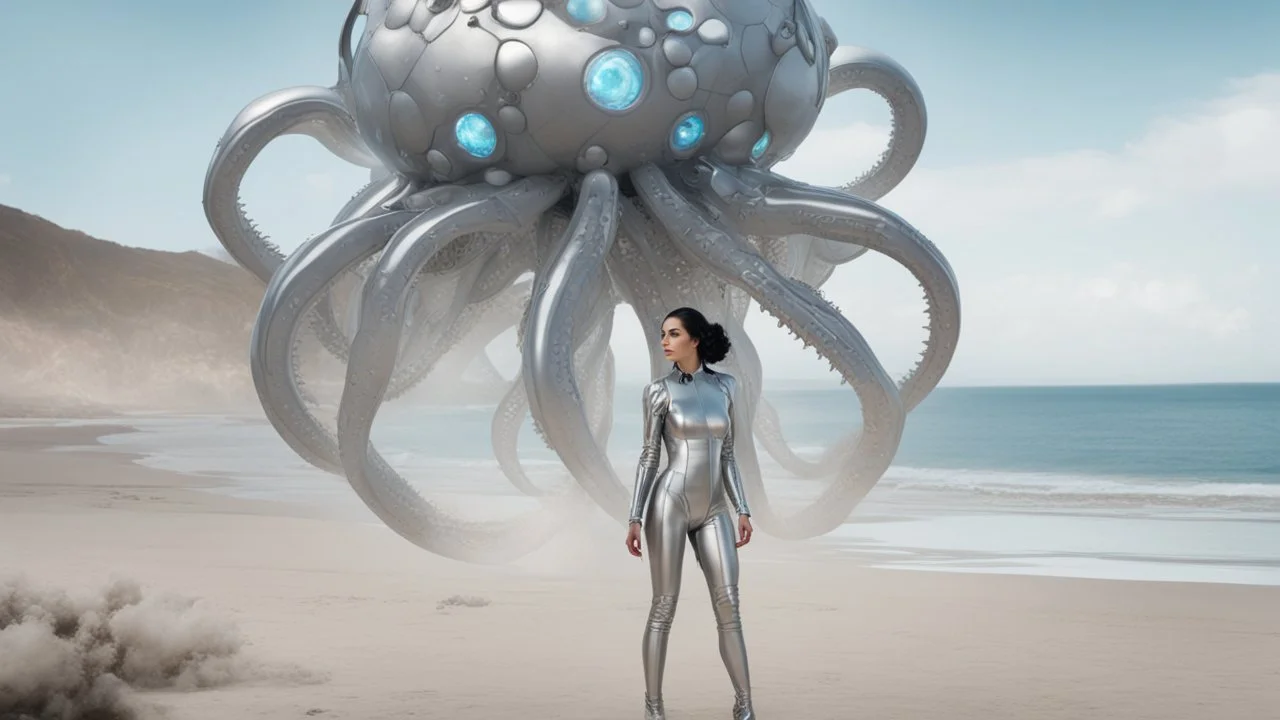 A woman with dark hair in a silver robotic catsuit, standing on a beach, flying mushrooms with octopus tentacles floating above her