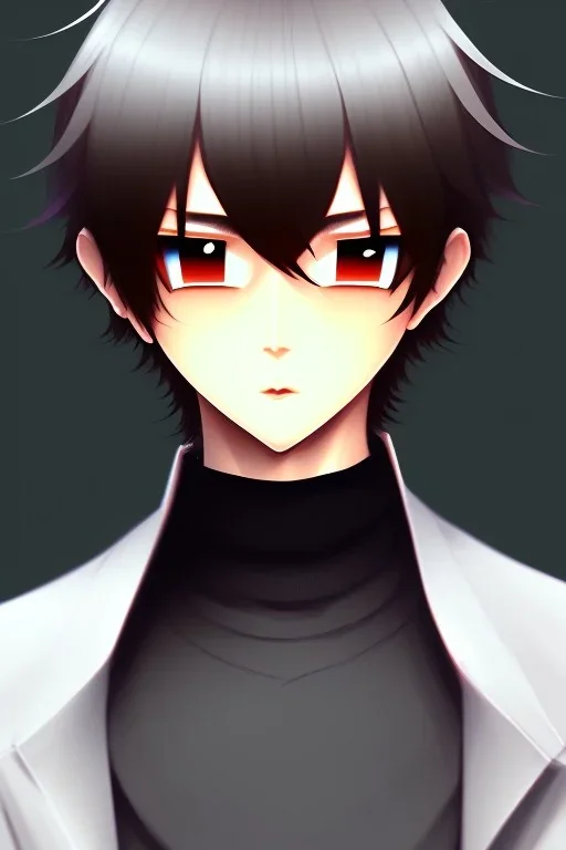 anime boy with short brown hair with split bangs, black outfit, cute