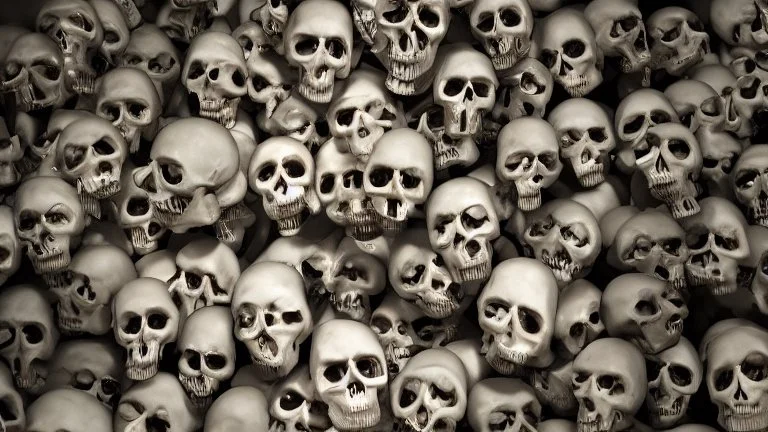 hundreds of anatomically correct, human skulls stacked into a wall unusual neon lighting, high octane, 64k, dystopian, vray, a picture of a dark, comedic, anatomically correct wall of colorful tightly packed skulls of varying sizes and expressions, photo-realistic, insanely meticulous, highly detailed,, 64k, dystopian, vray