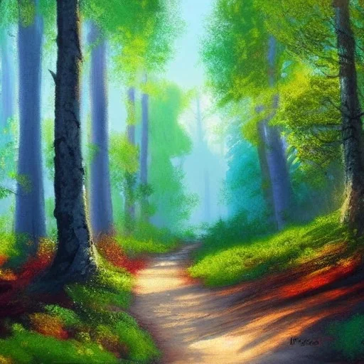 bob ross, forest painting, dappled sunlight, deep forest, path, tall trees